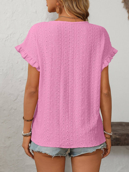 Lovesoft Solid Color Crewneck Sweet Short-Sleeve Hollow-Out Top