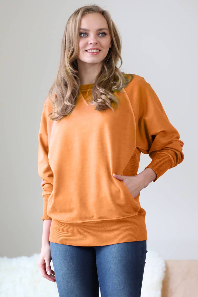 Zenana Washed French Terry Pullover With Side Pockets