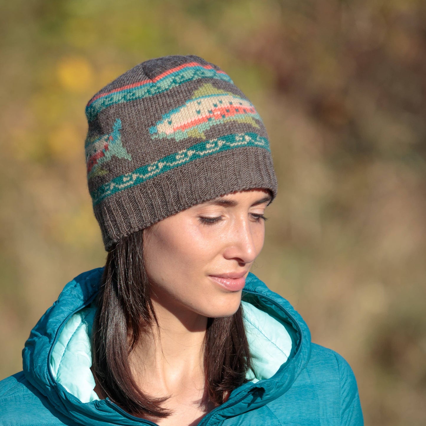 Trout Wool Beanie Hat with Fish Motif