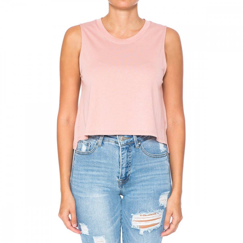 HIGH LOW HEM ROUND NECK CROP MUSCLE SLEEVELESS TANK TOP
