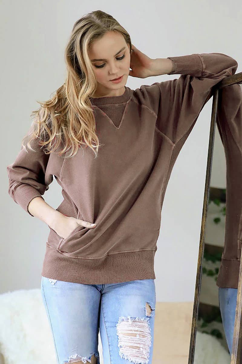 Zenana Washed French Terry Pullover With Side Pockets