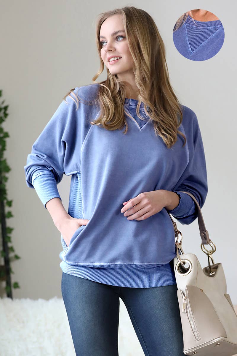 Zenana Washed French Terry Pullover With Side Pockets