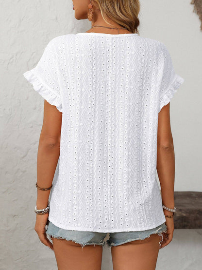 Lovesoft Solid Color Crewneck Sweet Short-Sleeve Hollow-Out Top