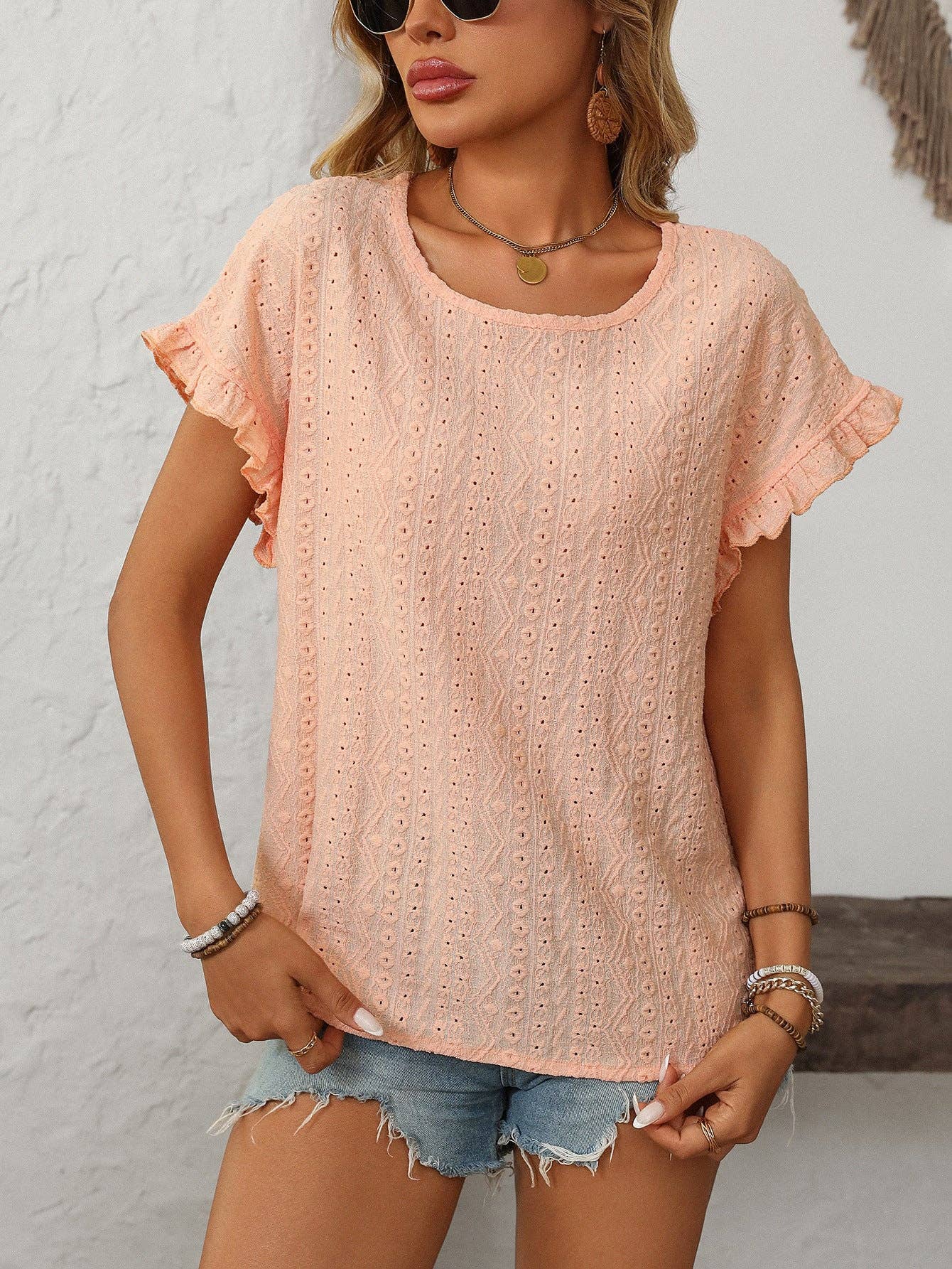 Lovesoft Solid Color Crewneck Sweet Short-Sleeve Hollow-Out Top