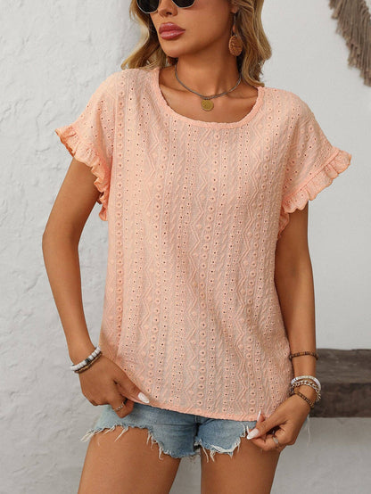 Lovesoft Solid Color Crewneck Sweet Short-Sleeve Hollow-Out Top