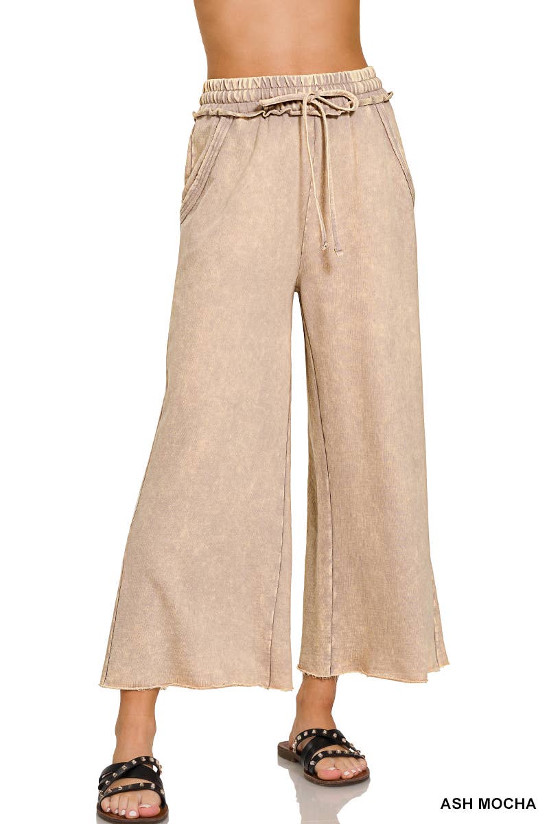 Zenana Washed French Terry Palazzo Pants With Pockets