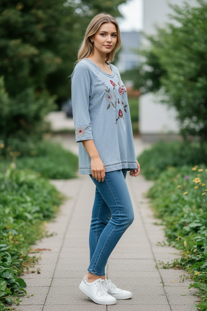 Papa Embroided Light Blue 3/4 Top