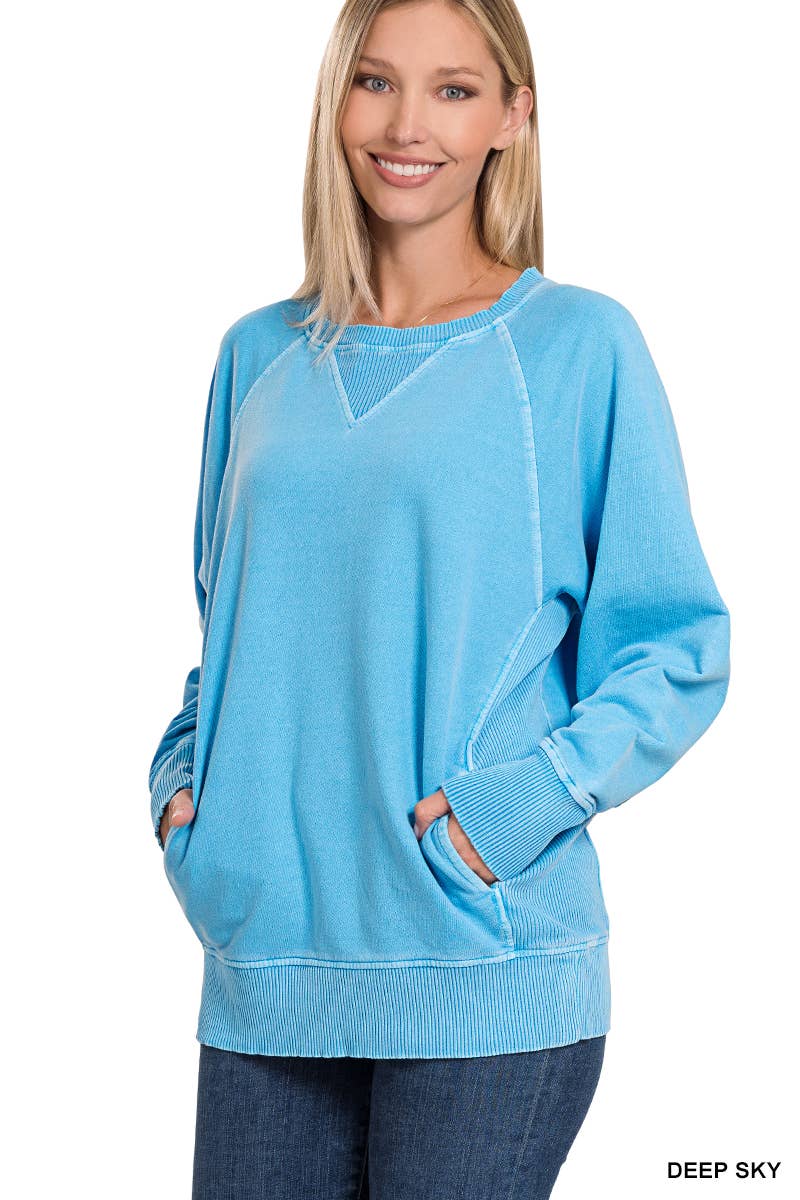 Zenana Washed French Terry Pullover With Side Pockets
