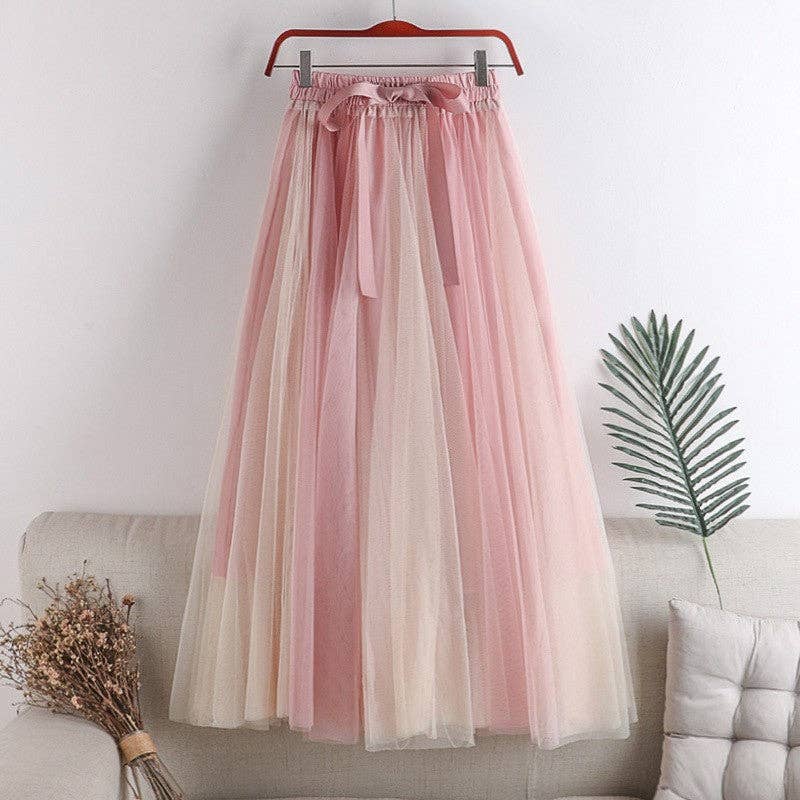 Color Block Mesh Midi Skirt