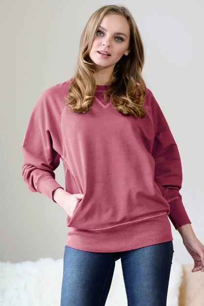 Zenana Washed French Terry Pullover With Side Pockets