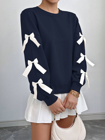 Christmas Bow Sleeve Round Neck Long Sleeve Sweatshirt