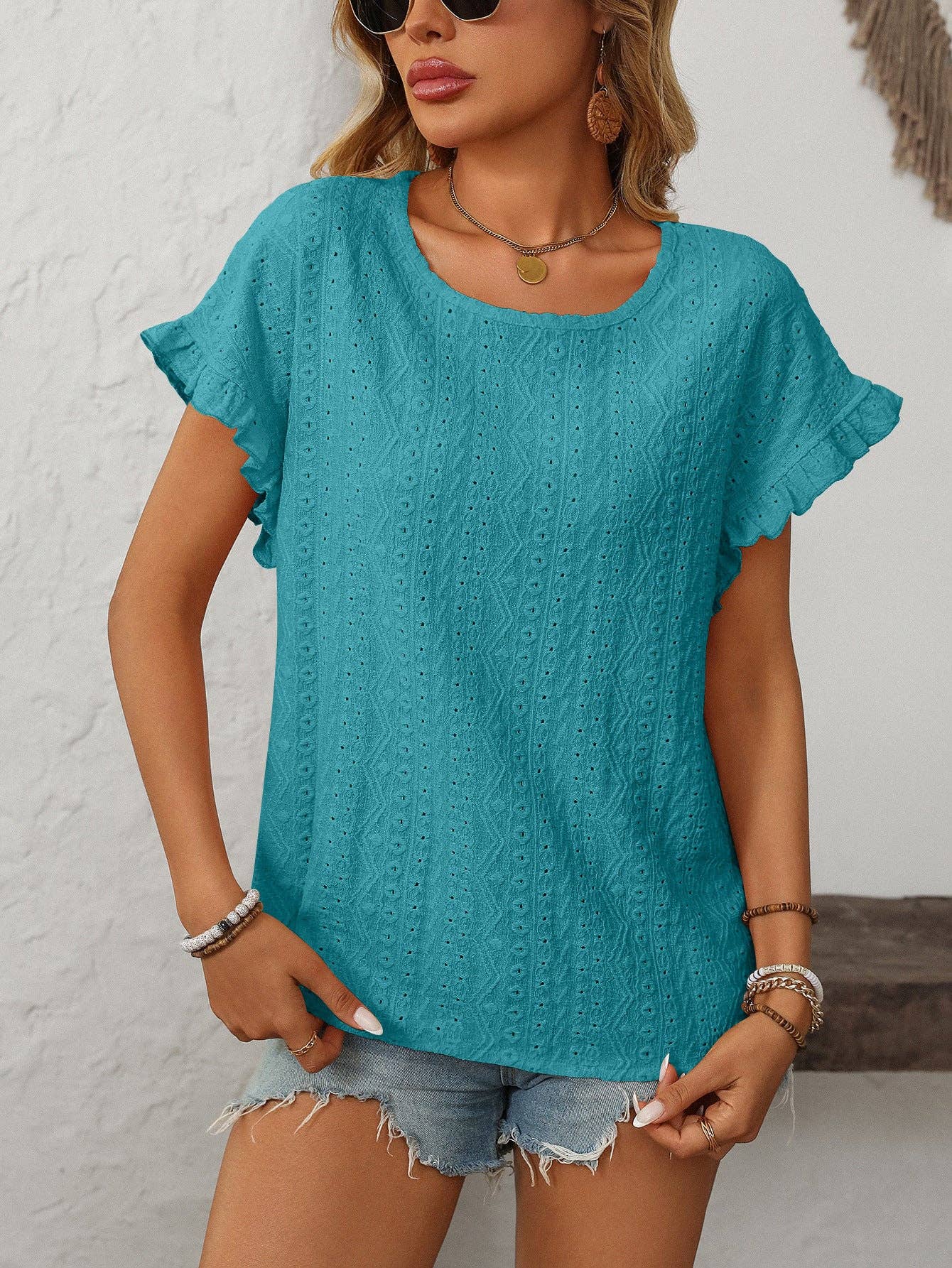 Lovesoft Solid Color Crewneck Sweet Short-Sleeve Hollow-Out Top
