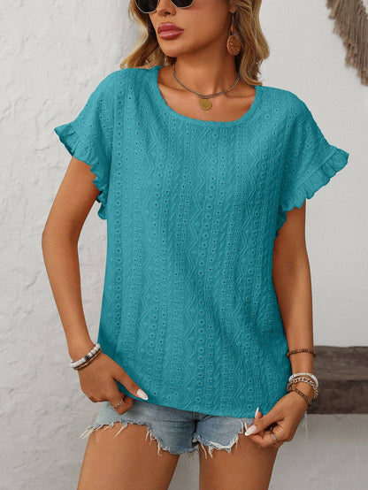 Lovesoft Solid Color Crewneck Sweet Short-Sleeve Hollow-Out Top