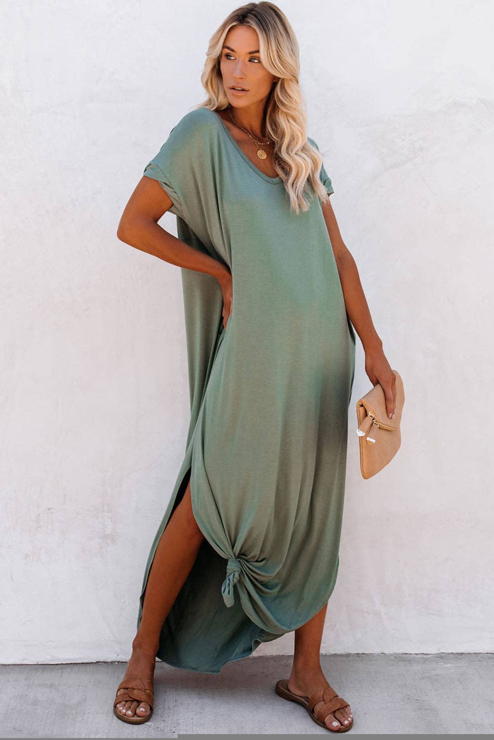 Lovesoft V Neck Hidden Pocket Splits Maxi T-shirt Dress