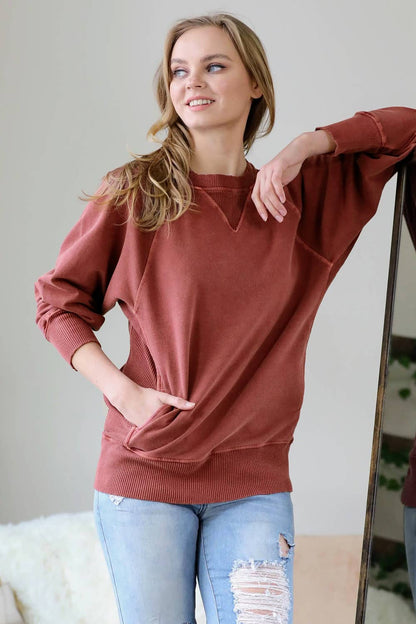 Zenana Washed French Terry Pullover With Side Pockets