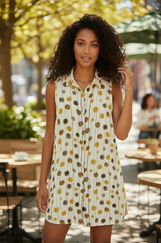 Papa Lined Summer A-Line Sleeveless Dress mustard polka dots