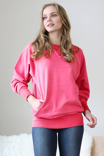 Zenana Washed French Terry Pullover With Side Pockets
