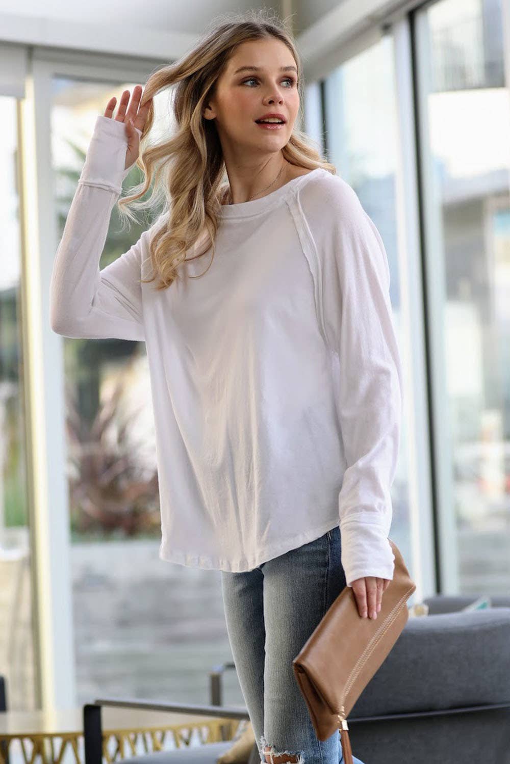 Zenana Cotton Raglan long Sleeve Thumbhole Top