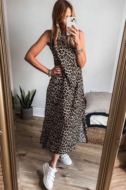 Lovesoft Black Contrast Striped Trim Leopard Sleeveless Maxi Dress