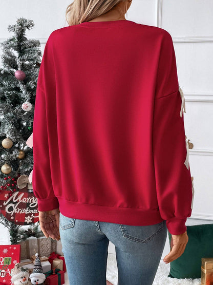 Christmas Bow Sleeve Round Neck Long Sleeve Sweatshirt