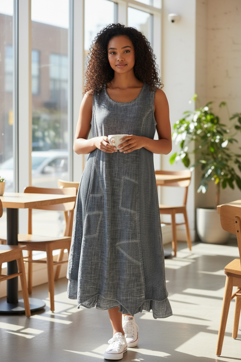 Papa Distressed Grey Sleeveless dress, mesh panels
