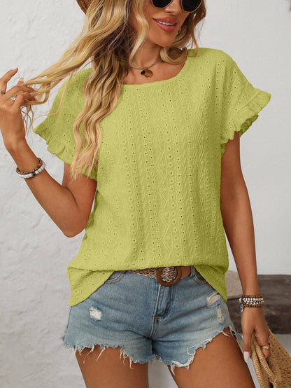 Lovesoft Solid Color Crewneck Sweet Short-Sleeve Hollow-Out Top
