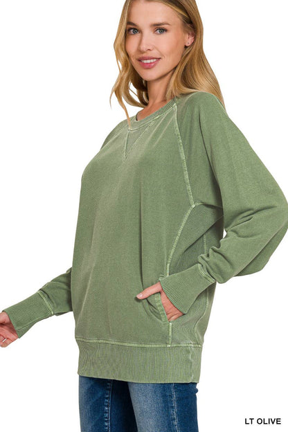 Zenana Washed French Terry Pullover With Side Pockets
