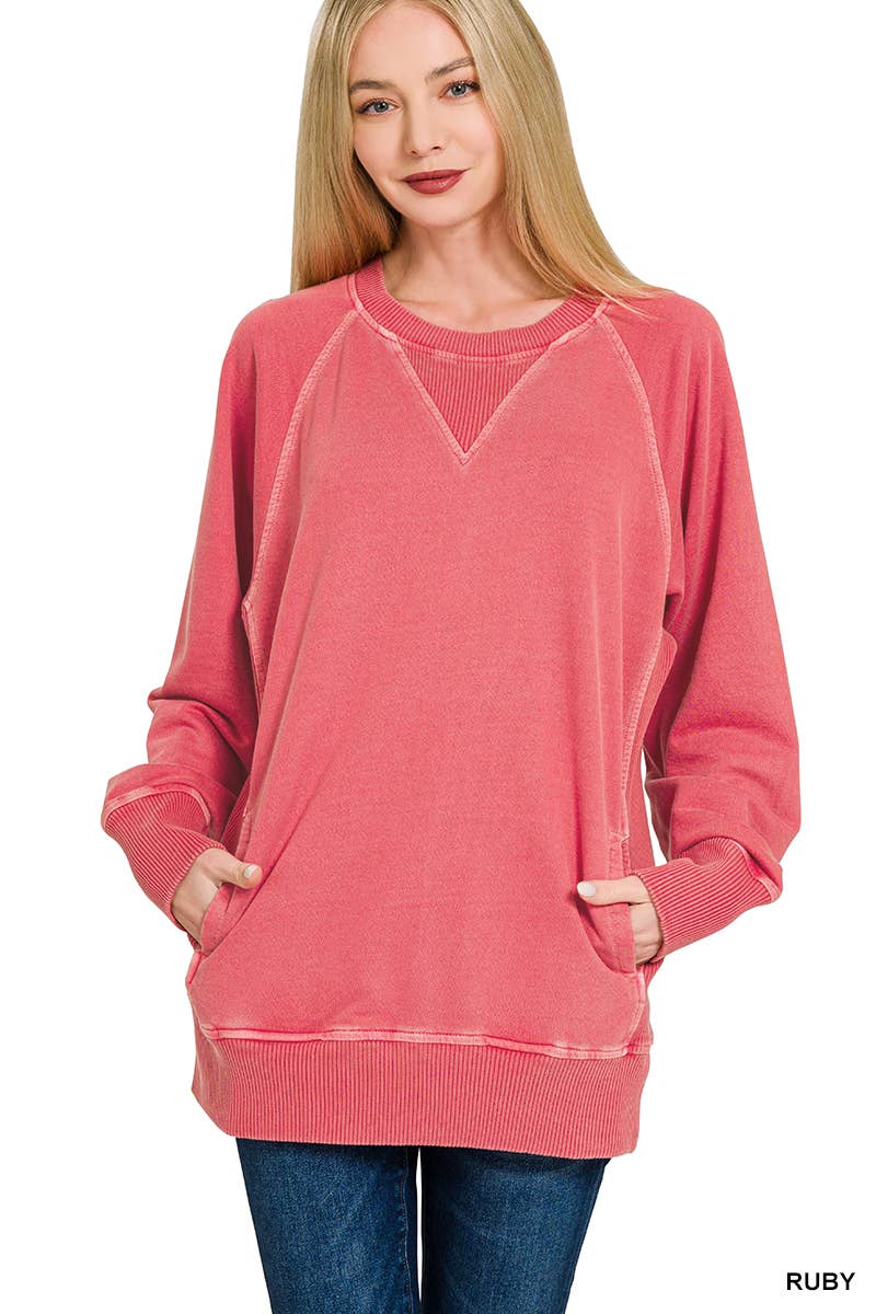Zenana Washed French Terry Pullover With Side Pockets