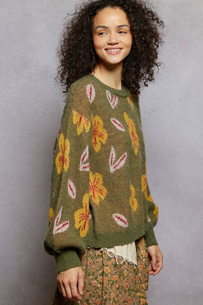 Pol Round neck balloon sleeve floral mohair sweater top