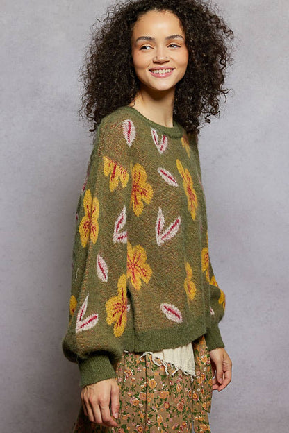 Pol Round neck balloon sleeve floral mohair sweater top