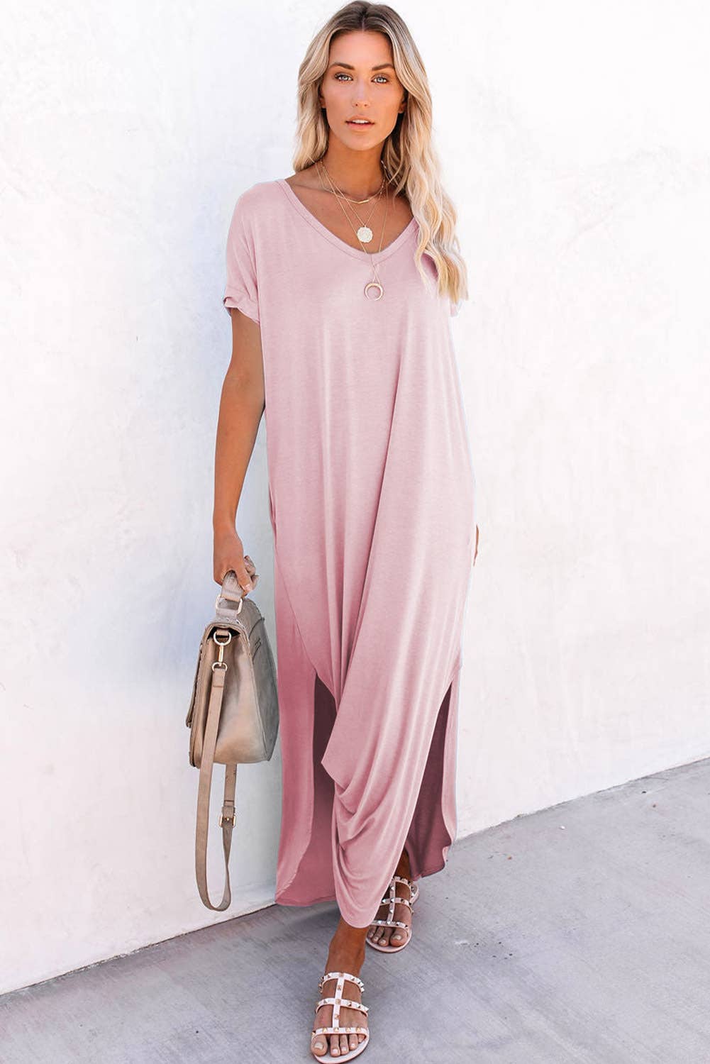 Lovesoft V Neck Hidden Pocket Splits Maxi T-shirt Dress