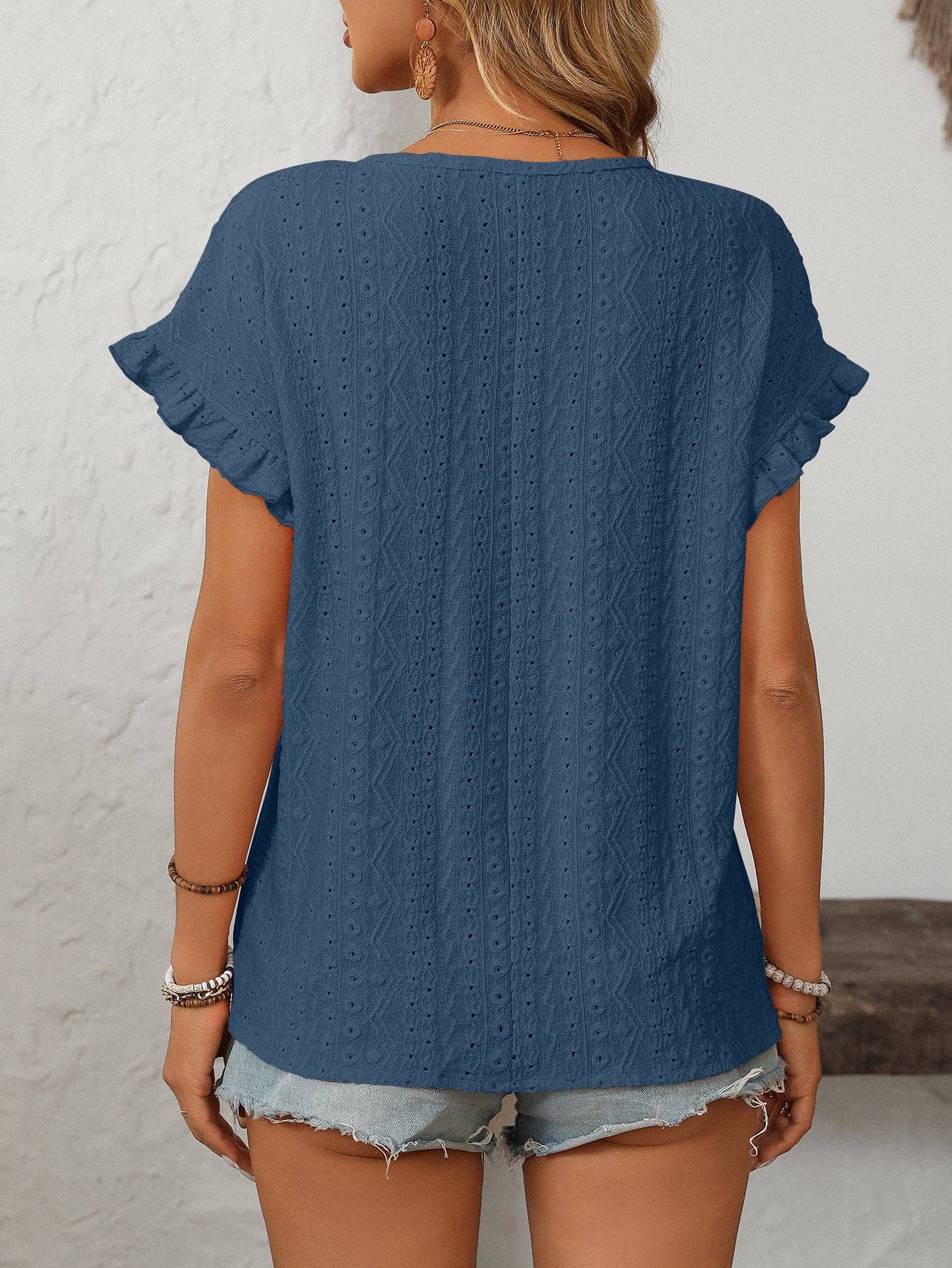 Lovesoft Solid Color Crewneck Sweet Short-Sleeve Hollow-Out Top