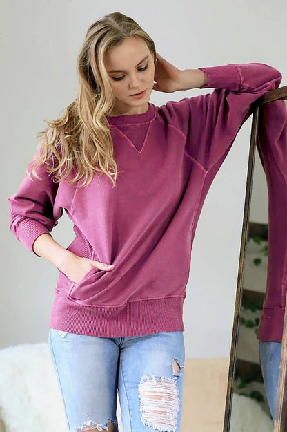 Zenana Washed French Terry Pullover With Side Pockets