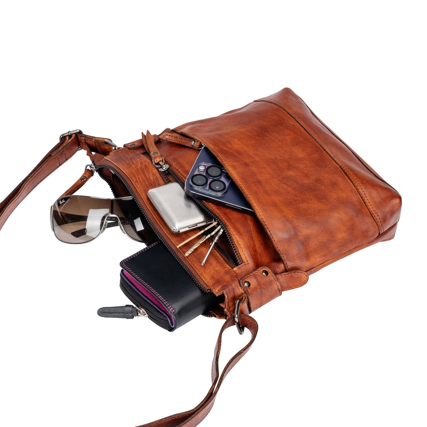 Green wood leather  Shoulder Bag Nora - Cognac GW6844