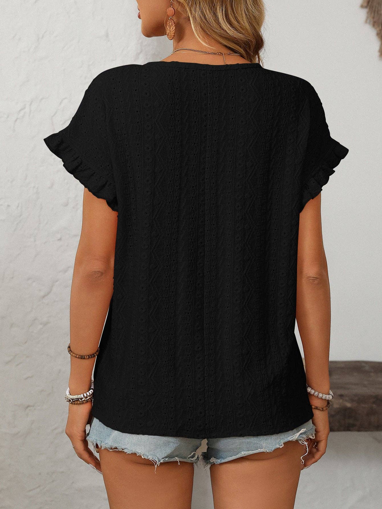 Lovesoft Solid Color Crewneck Sweet Short-Sleeve Hollow-Out Top