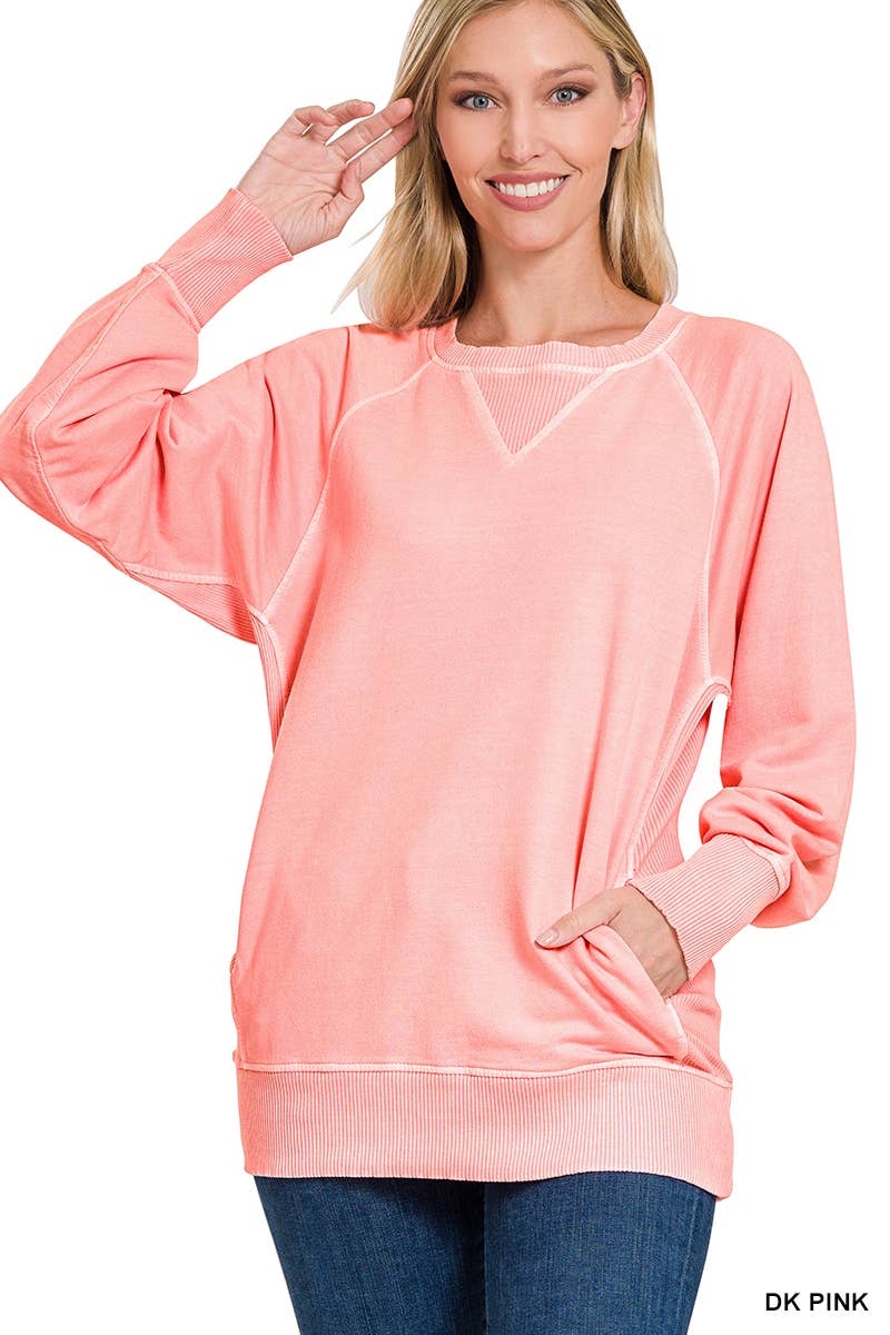 Zenana Washed French Terry Pullover With Side Pockets