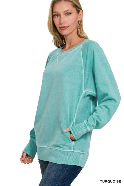 Zenana Washed French Terry Pullover With Side Pockets