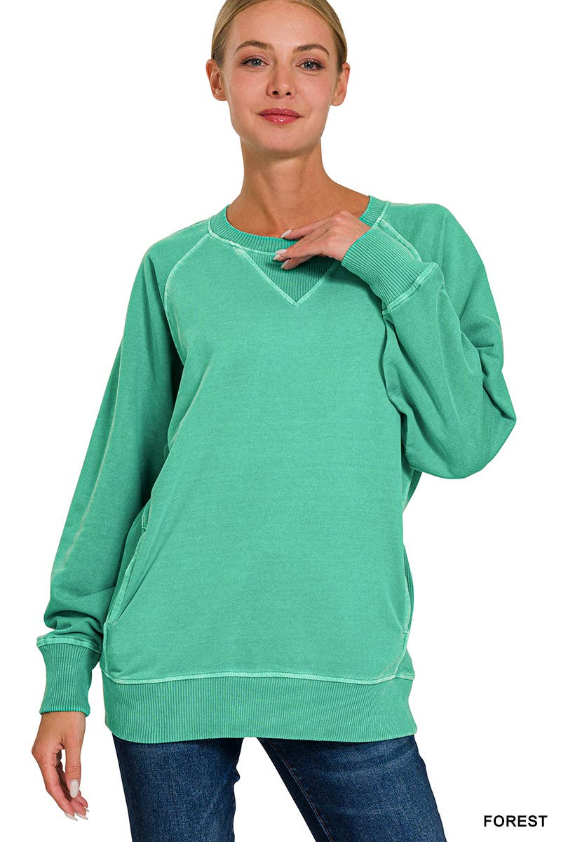Zenana Washed French Terry Pullover With Side Pockets