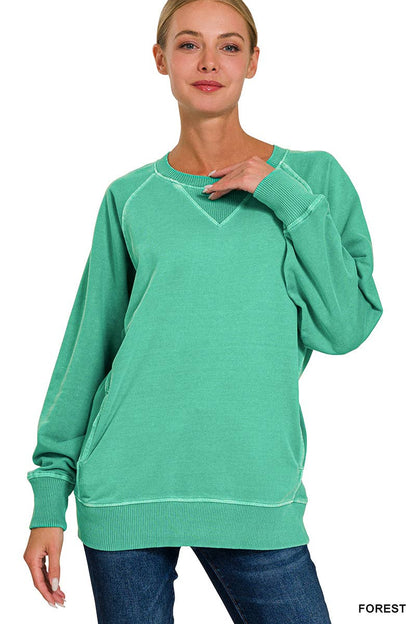 Zenana Washed French Terry Pullover With Side Pockets