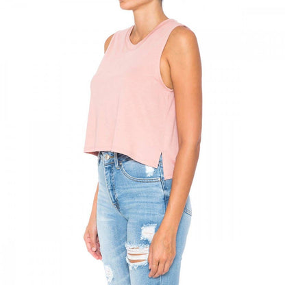 HIGH LOW HEM ROUND NECK CROP MUSCLE SLEEVELESS TANK TOP
