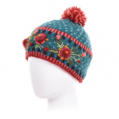 Aubrey Hand Knit Wool Beanie | Embroidered Floral Hat
