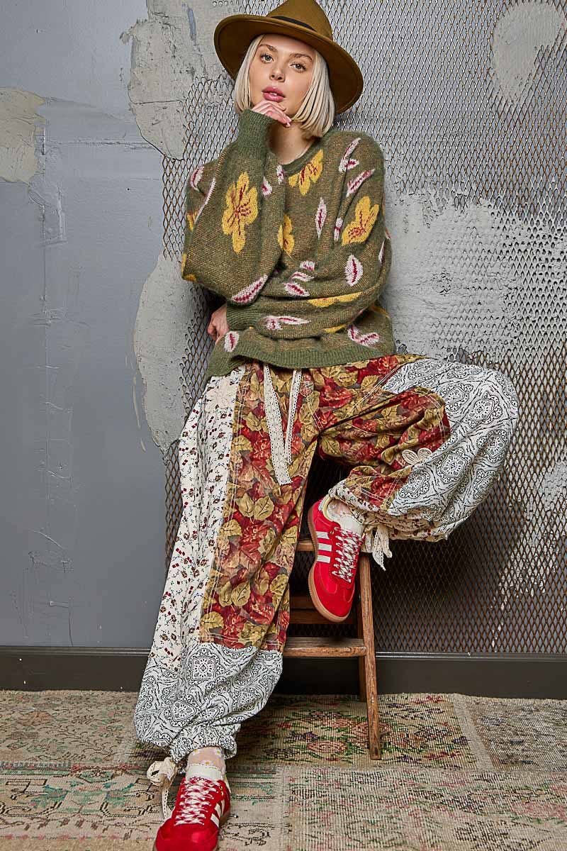 Pol Round neck balloon sleeve floral mohair sweater top