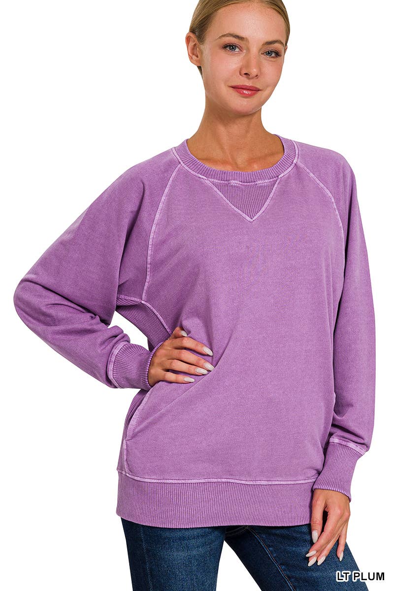 Zenana Washed French Terry Pullover With Side Pockets