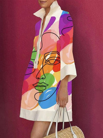 Multi coloured Face Midi Dress with Three-Quarter Sleeves