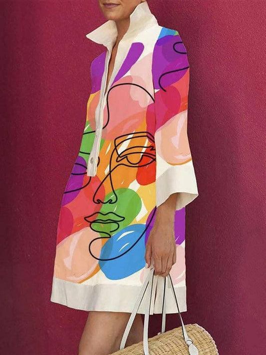 Multi coloured Face Midi Dress with Three-Quarter Sleeves