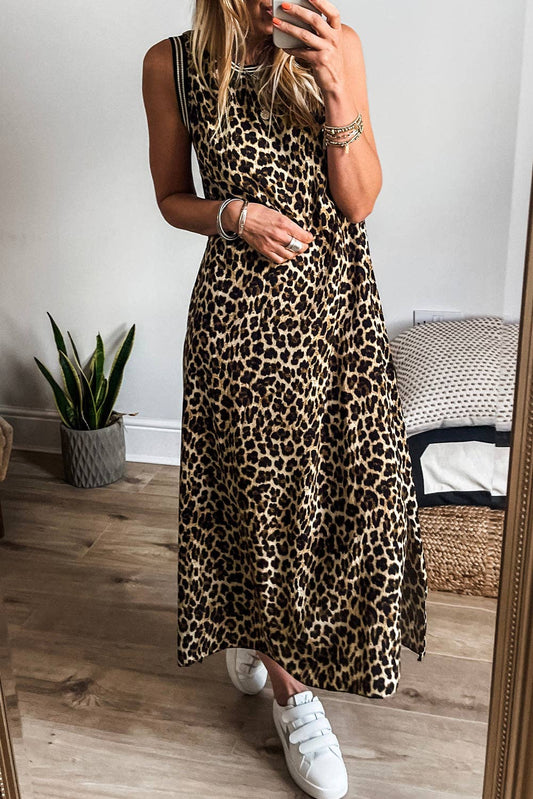 Lovesoft Black Contrast Striped Trim Leopard Sleeveless Maxi Dress