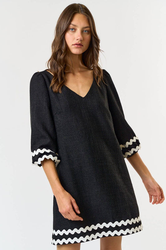 Lalavon BOUCLE RIC RAC HALF SLEEVE V-NECK MINI DRESS