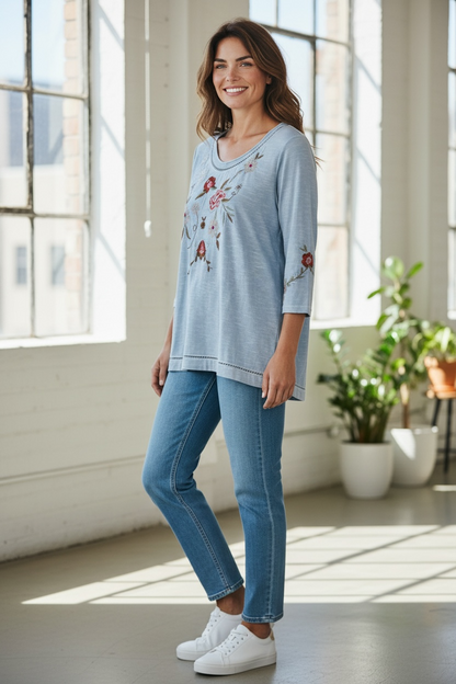 Papa Embroided Light Blue 3/4 Top