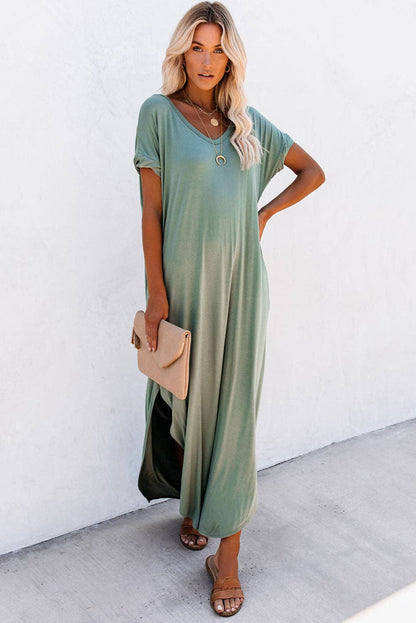 Lovesoft V Neck Hidden Pocket Splits Maxi T-shirt Dress