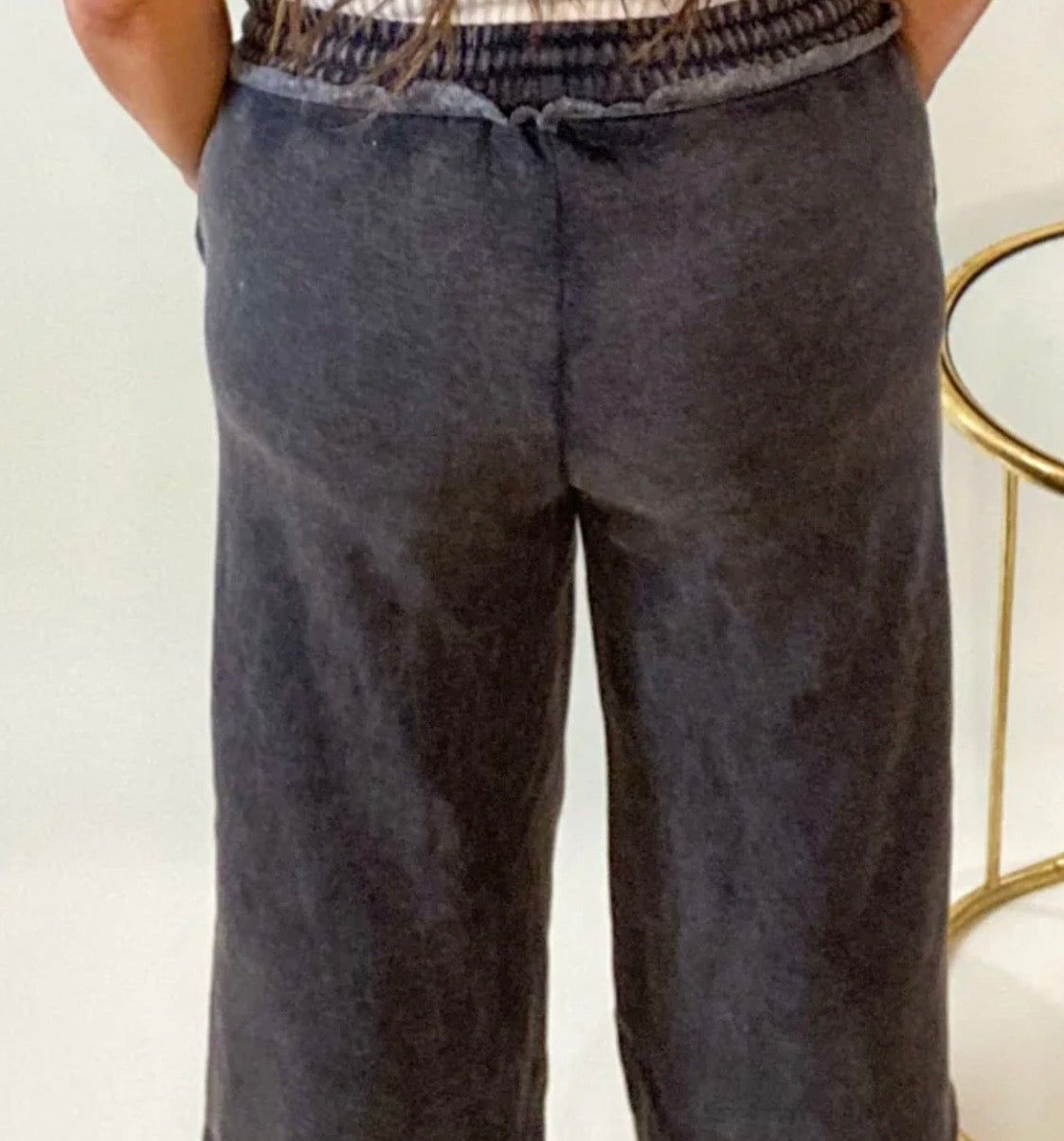 Zenana Washed French Terry Palazza Long Pants With Pockets